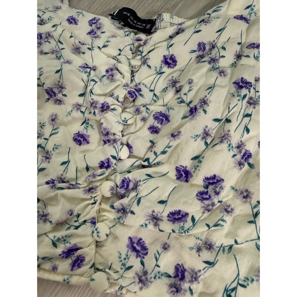 Zara Purple Floral Square Neck Crop Top Long Sleeve Smocked Back XS - Picture 10 of 10